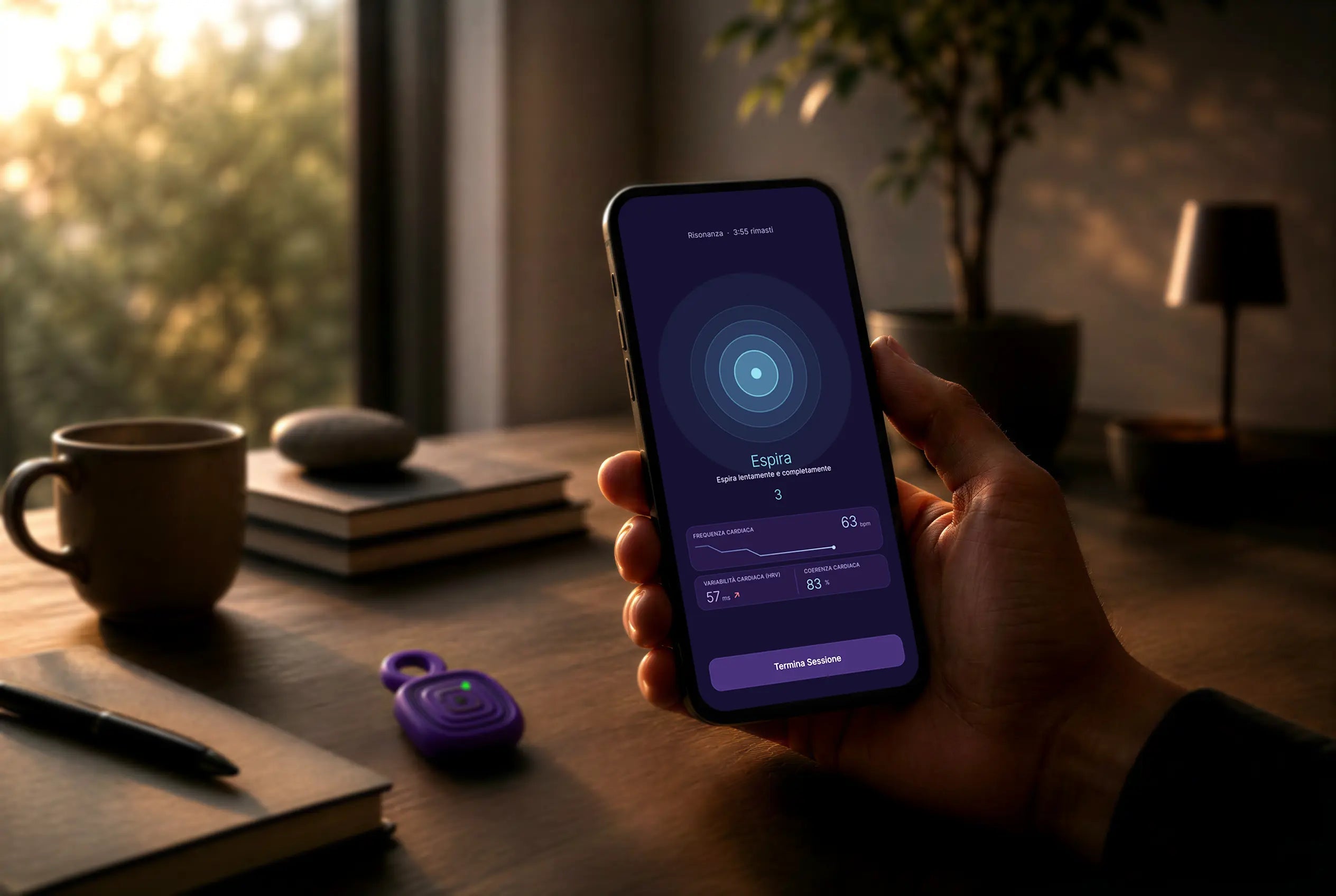 Persona utilizza l'app Ianumind con il dispositivo di biofeedback per una sessione di respirazione guidata e monitoraggio dei segnali fisiologici.