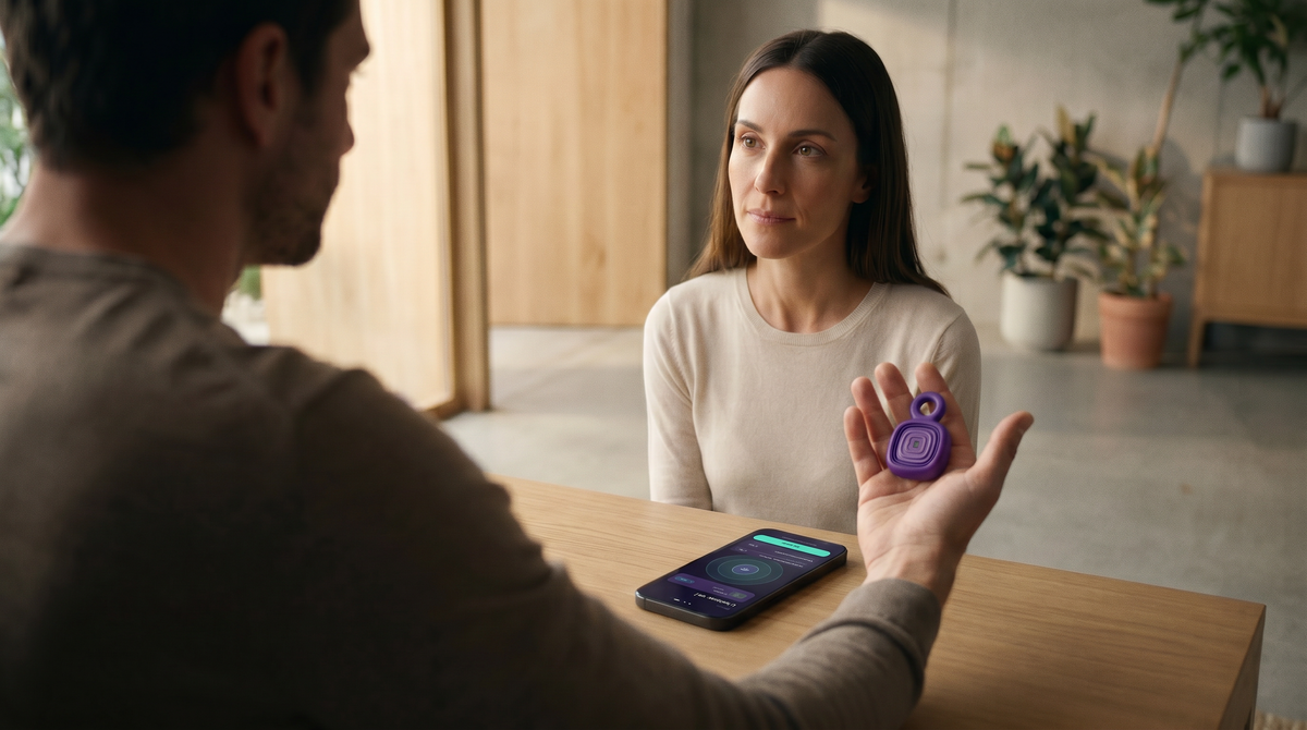 Coach mostra il dispositivo QUI durante una sessione di biofeedback con un cliente supportata dall'app IANUMIND.