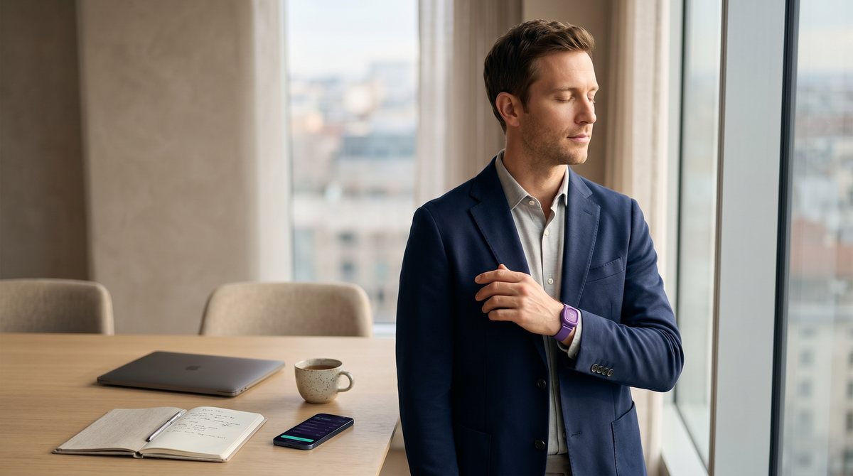 Professionista utilizza Ianumind QUI prima di una riunione per migliorare concentrazione e gestire lo stress.