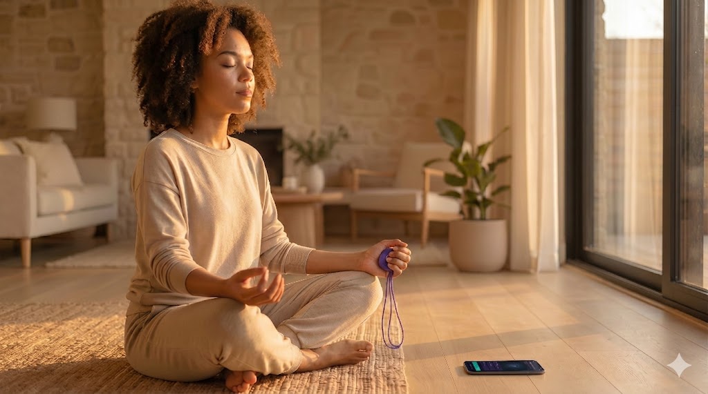Persona pratica una sessione di meditazione con il dispositivo QUI e l'app IANUMIND per favorire rilassamento e consapevolezza.