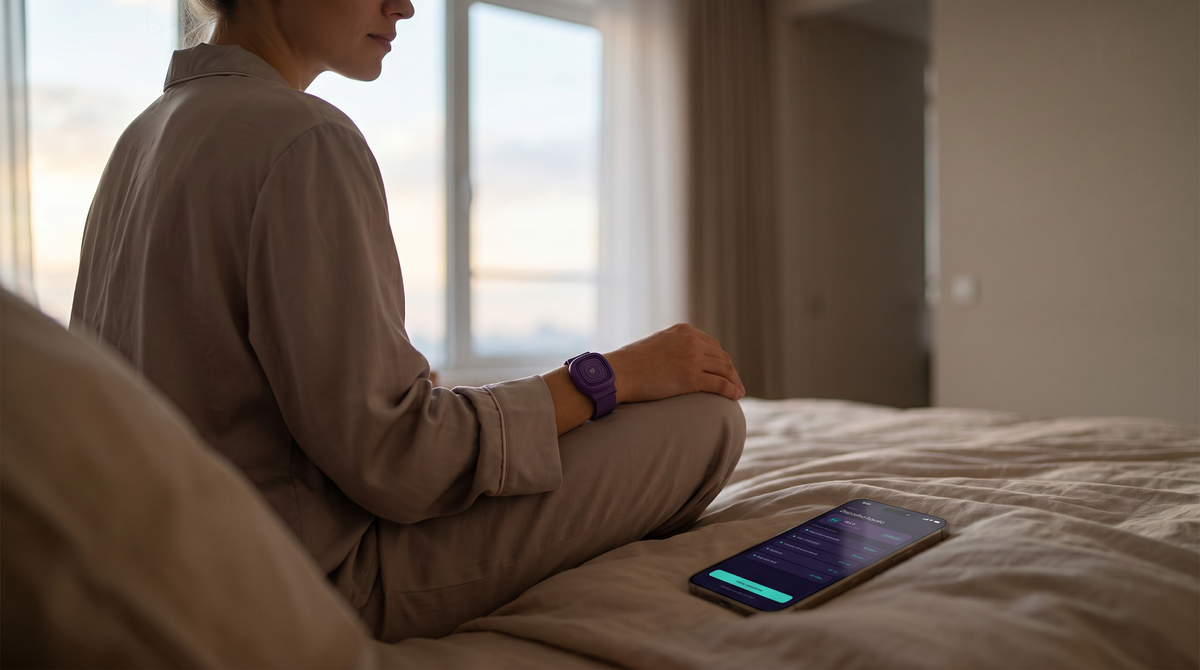 Persona seduta sul letto utilizza il dispositivo QUI e l'app Ianumind per una routine mattutina di biofeedback e benessere.